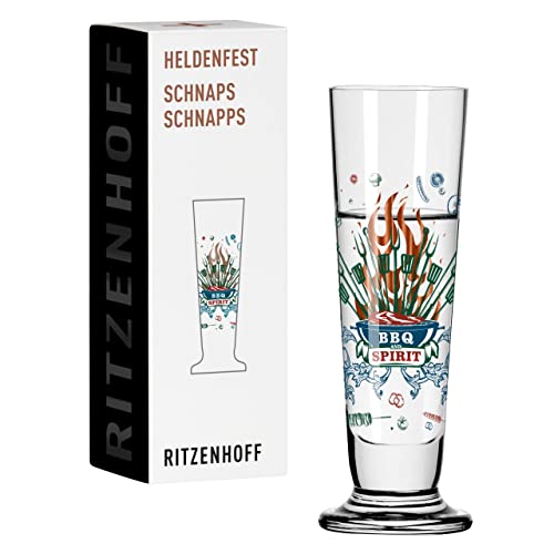 RITZENHOFF 1061014 Schnaps-Glas 40 ml - Serie Heldenfest, Motiv Nr. 14 – BBQ and beer – rund – Made in Germany von RITZENHOFF