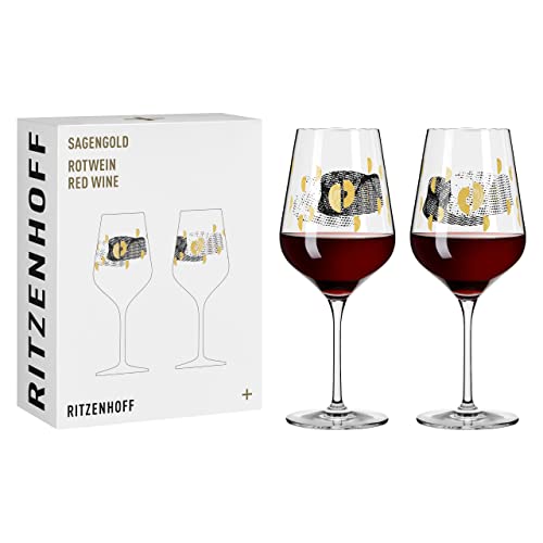 RITZENHOFF 3401002 Rotweinglas 400 ml – Serie Sagengold Nr. 2 2er Set mit Traubenmotiv, Echt-Gold Made in Germany, Schwarz, Gold von RITZENHOFF