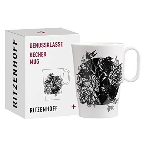 RITZENHOFF 3731002 Kaffee-Tasse 330 ml – Serie Genussklasse Nr. 2 Porzellan-Becher mit Vogelmotiv Designerstück, Schwarz, Weiß von RITZENHOFF