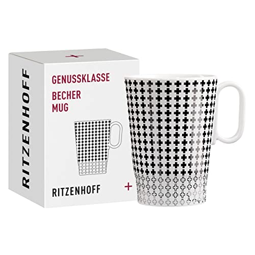 RITZENHOFF 3731005 Kaffee-Tasse 330 ml – Serie Genussklasse Nr. 5 Porzellan-Becher mit Plusmotiv Designerstück, Schwarz, Weiß von RITZENHOFF