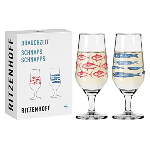 RITZENHOFF 3871002 Schnaps-Glas 40 ml 2er Set – Serie Brauchzeit Nr. 3 + 4 – Fisch-Motiv – rund, Rot und Blau – Made in Germany von RITZENHOFF