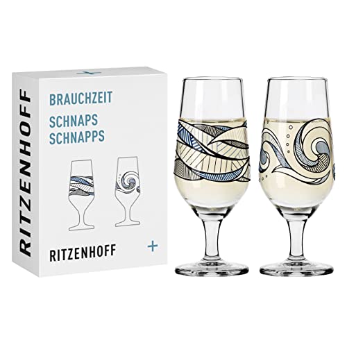 RITZENHOFF 3871003 Schnaps-Glas 40 ml 2er Set – Serie Brauchzeit Nr. 5 + 6 – Wasser-Motiv – rund, Blau und Grau – Made in Germany von RITZENHOFF