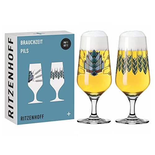 Ritzenhoff 6201001 Bierglas 374 ml 2er Set Serie Brauchzeit F23 mit Illustrationen, mehrfarbig Made in Germany von RITZENHOFF