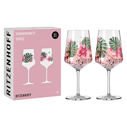 Ritzenhoff SOMMERSONETT Aperitifglas-Set #1 von Ramona Rosenkranz, aus Kristallglas, 544 ml, spülmaschinengeeignet, in Geschenkverpackung, 6011001, Rosa, Grün, 2 Stück (1er Pack) von RITZENHOFF