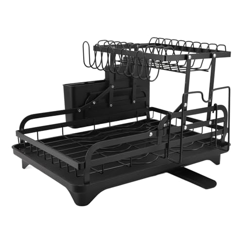 Riuulity 2-stufiger, Zusammenklappbarer Geschirrtrockner mit Abtropffunktion, Multifunktionales Aufbewahrungsregal für Küchenutensilien, Doppellagiges Design (Black) von Riuulity
