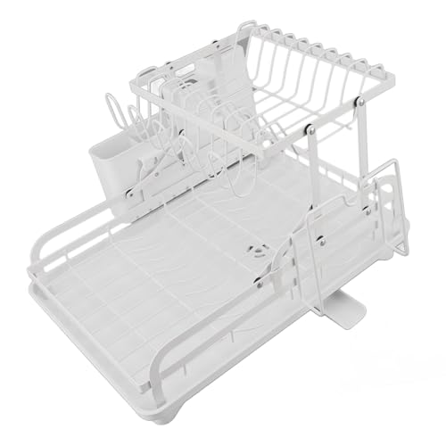 Riuulity 2-stufiger, Zusammenklappbarer Geschirrtrockner mit Abtropffunktion, Multifunktionales Aufbewahrungsregal für Küchenutensilien, Doppellagiges Design (White) von Riuulity