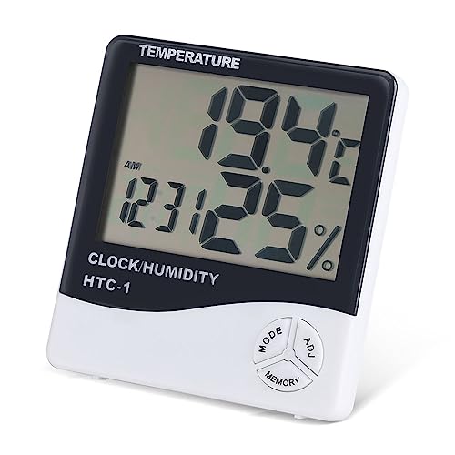 Riuulity Kompaktes Innen -Thermometer Hygrometer mit Großem LCD -Bildschirmanzeige, Wecker und Speicherfunktion, für Badezimmer, Büro Weiß von Riuulity
