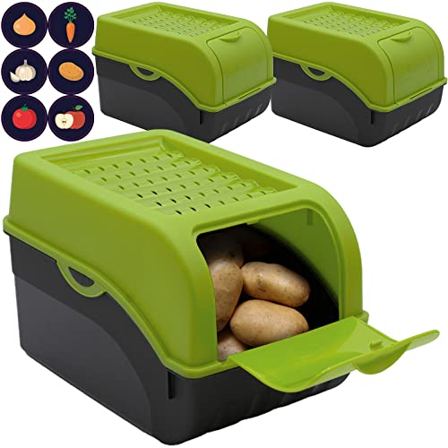 ARTECSIS Kartoffel Aufbewahrungsbox grün 3er Set I Gemüsebox Kartoffelbox mit Deckel für ca. 4 kg Kartoffeln + 6 Aufkleber mit Gemüsesorten von ARTECSIS