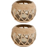 2 Stück Rivanto® Teelichthalter Jute aus Glas, Größe M Ø11 x H10 cm, Windlicht, Teelichthalter mit Juteschnur von Rivanto