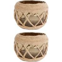 2 Stück Rivanto® Teelichthalter Jute aus Glas, Größe S Ø9 x H8cm, Windlicht, Teelichthalter mit Juteschnur von Rivanto