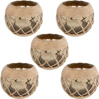 5 Stück Rivanto® Teelichthalter Jute aus Glas, Größe L Ø14 x H12 cm, Windlicht, Teelichthalter mit Juteschnur von Rivanto