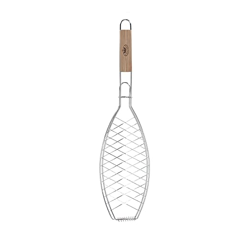 Rivanto® Edelstahl Grill-Fischhalter Eschenholz-Griff, Länge 58 cm, Korblänge 14 cm, Höhe ca. 2 cm von Rivanto