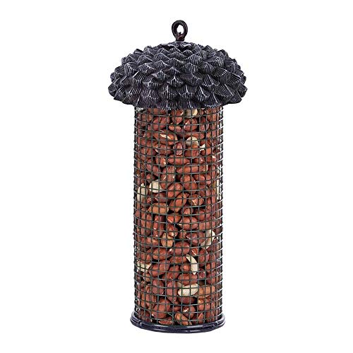 Rivanto® Eichel- Futtersilo H28 x Ø 10,5 cm, Futterstation, Gittersäule mit Dach in Eicheloptik, hängend, leicht befüllbar, Wildvogel Futterstelle von Rivanto