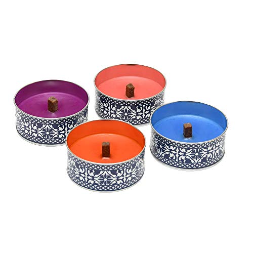 Rivanto® Portugiesische Kerze in Dose, Ø10 x H4,5 cm, farbig sortiert, Farbwahl nicht möglich, lila/pink/orange/blau, Wachskerze in Blechdose von Rivanto
