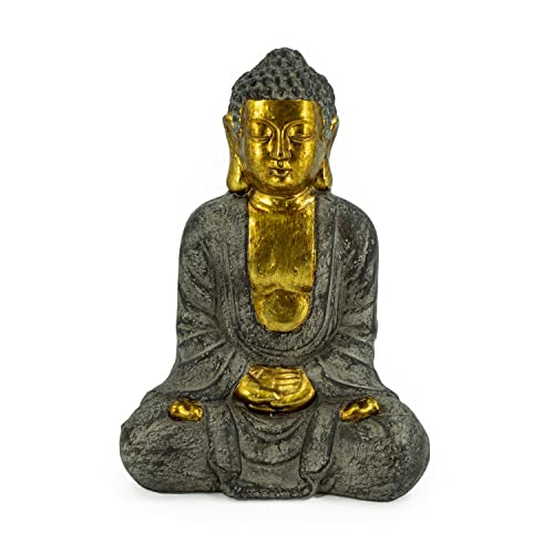 Rivanto® Sitzende Buddha Statue, Höhe 37 cm, Steinoptik Deko Figur mit Goldener Haut, für Innen und Außenbereich von Rivanto