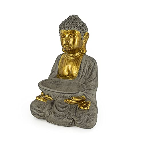 Rivanto® Sitzende Buddha Statue mit Vogeltränke, Höhe 45 cm, Steinoptik Deko Figur mit Goldener Haut, für Innen & Außenbereich von Rivanto