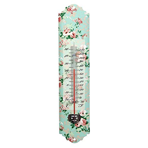 Rivanto® Thermometer mit Rosendruck Motiv, mit Montagelochung, 7 x 1,5 x H30 cm, klassisches Design, Celsius und Fahrenheit-Skala, Garten-Thermometer von Rivanto