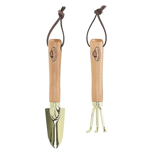 Rivanto® Vergoldete Mini-Gartenwerkzeuge 18 cm aus Edelstahl/Buchenholz, Gartenschaufel/Gartenharke mit Holzgriff, Handschaufel für Gartenarbeit von Rivanto