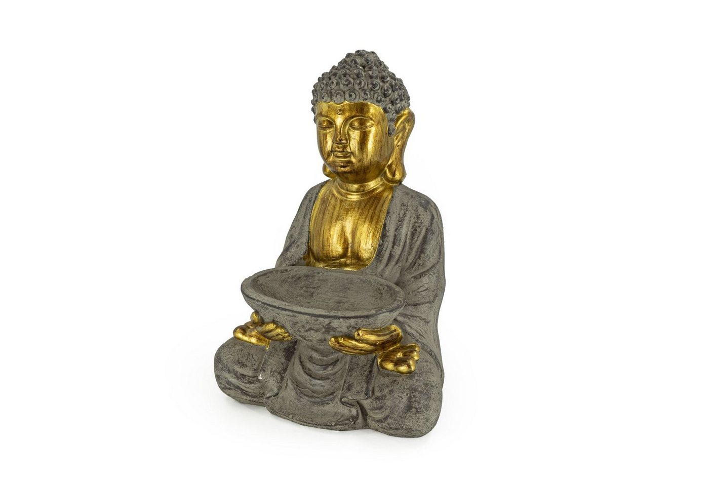 Rivanto Buddhafigur, Sitzende Statue mit Vogeltränke, Deko Figur mit goldener Haut von Rivanto