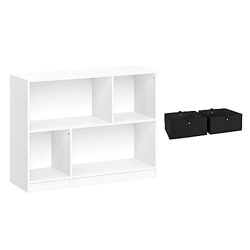 RiverRidge Horizontales Bücherregal für Kinder, mit Würfeln und 2 Stück, Weiß mit 2 schwarzen Behältern von RiverRidge