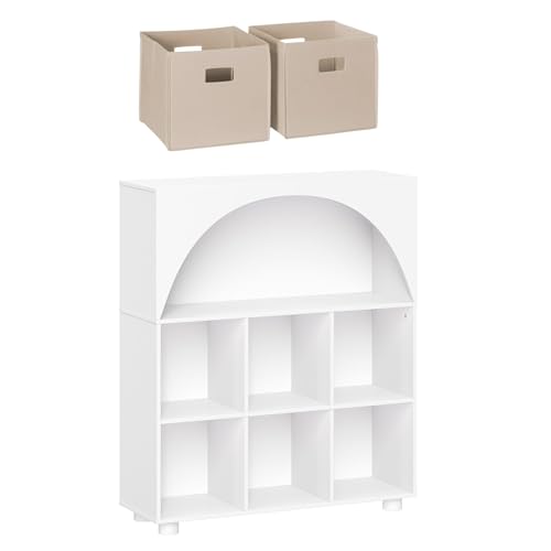 RiverRidge Kinder-Bücherregal mit 6 Würfeln und gebogenem Design – Aufbewahrungs-Organizer für Bücher, Spielzeug und Spielzimmer-Essentials – gewölbte Oberseite – Weiß und 2 Faltbare von RiverRidge