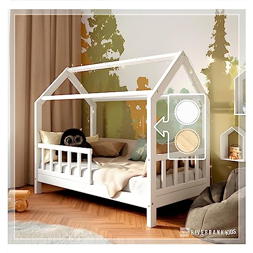 RIVERBANK Kinderbett 80x160 mit Rausfallschutz - Kinder Hausbett aus Kiefer Holz mit Rollrost | Stabiles Haus Bett für Mädchen & Jungen | 80 x 160 cm Jugendbett Massivholz Weiß von RIVERBANK