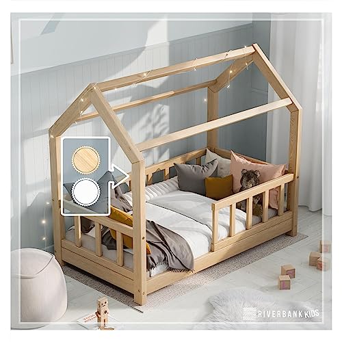 RIVERBANK Kinderbett 70x140 mit Rausfallschutz - Kinder Hausbett aus Kiefer Holz mit Rollrost | Stabiles Haus Bett für Mädchen & Jungen | 70 x 140 cm Jugendbett Massivholz Natur Hell von RIVERBANK