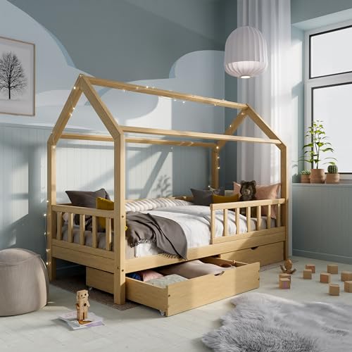 RIVERBANK® Hausbett 90x200 - Kinderbett 90x200, Kinderbett mit Rausfallschutz und Zwei Schubladen, Kiefernholz, Montessori Bett für Kinder, Jungen, Mädchen, Bodenbett 90x200 auf Anfrage von RIVERBANK