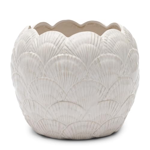 Riviera Maison Blumentopf Keramik weiß und rund Durchmesser 24 cm, Tontopf für Zimmerpflanze mit Muschelmuster - Shell Planter - (ØxH) 24x20 von Riviera Maison