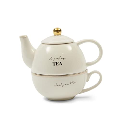 Riviera Maison teekanne Porzellan, teekanne mit Tasse Weiß, Teekanne mit Tasse für 1 Person, teetasse mit kanne - RM Elegant Tea for One - Spülmaschinenfest, geschenkenset, Weiß - 660 ml von Riviera Maison