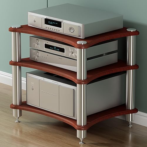 Audio/Videokomponentenschrank, Stereo Schrank,HiFi Regal, CD-Player Ständer, Schallplatten Regal, Halterung Aus Edelstahl for Zuhause/Büro/Theater-Einfach zu Montieren(Walnut,3-tier H62CM/25IN) von Rivorne