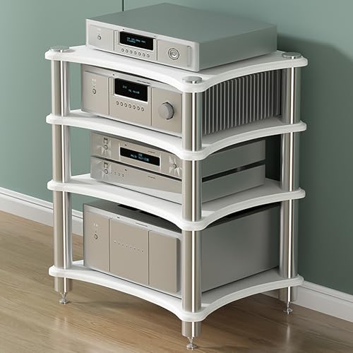 Audio/Videokomponentenschrank, Stereo Schrank,HiFi Regal, CD-Player Ständer, Schallplatten Regal, Halterung Aus Edelstahl for Zuhause/Büro/Theater-Einfach zu Montieren(White,4-tier H85CM/34IN) von Rivorne