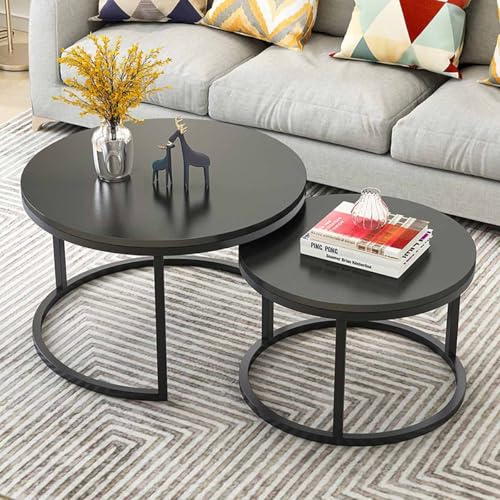 Couchtisch 2er Set Rund, Zentraler Wohnzimmer-Couchtisch, Sofatisch, Beistelltische, mit Holzplatte und Metallrahmen, Beistelltisch 2er Set Stapelbar für Wohnzimmer Schlafzimmer(Black frame D,70x45cm/ von Rivorne