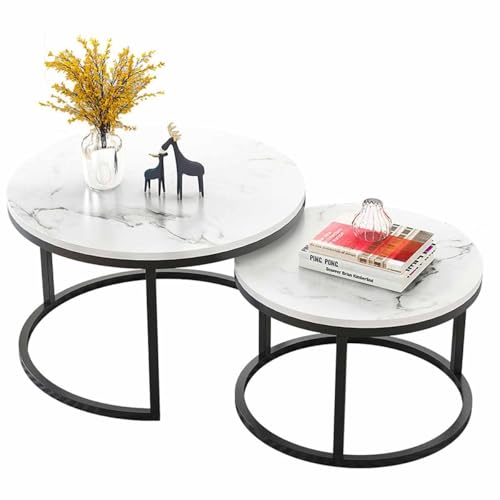 Couchtisch 2er Set Rund, Zentraler Wohnzimmer-Couchtisch, Sofatisch, Beistelltische, mit Holzplatte und Metallrahmen, Beistelltisch 2er Set Stapelbar für Wohnzimmer Schlafzimmer(Black frame B,80x45cm/ von Rivorne