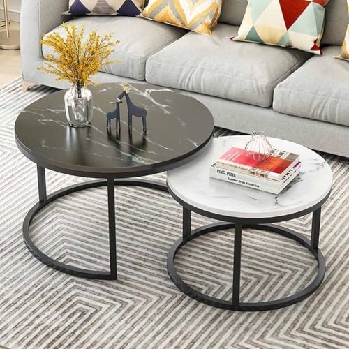Couchtisch 2er Set Rund, Zentraler Wohnzimmer-Couchtisch, Sofatisch, Beistelltische, mit Holzplatte und Metallrahmen, Beistelltisch 2er Set Stapelbar für Wohnzimmer Schlafzimmer(Black frame C,70x45cm/ von Rivorne