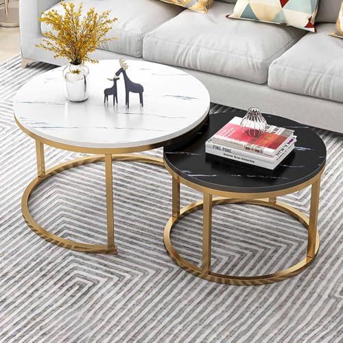 Couchtisch 2er Set Rund, Zentraler Wohnzimmer-Couchtisch, Sofatisch, Beistelltische, mit Holzplatte und Metallrahmen, Beistelltisch 2er Set Stapelbar für Wohnzimmer Schlafzimmer(Gold frame A,70x45cm/2 von Rivorne