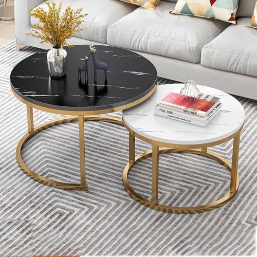 Couchtisch 2er Set Rund, Zentraler Wohnzimmer-Couchtisch, Sofatisch, Beistelltische, mit Holzplatte und Metallrahmen, Beistelltisch 2er Set Stapelbar für Wohnzimmer Schlafzimmer(Gold frame B,80x45cm/3 von Rivorne