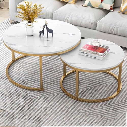 Couchtisch 2er Set Rund, Zentraler Wohnzimmer-Couchtisch, Sofatisch, Beistelltische, mit Holzplatte und Metallrahmen, Beistelltisch 2er Set Stapelbar für Wohnzimmer Schlafzimmer(Gold frame C,70x45cm/2 von Rivorne