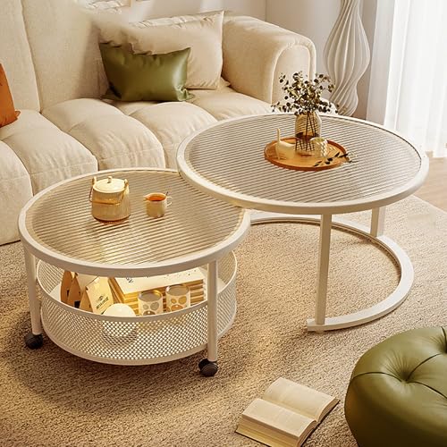 Couchtisch Rund 2er set Moderner Couchtisch aus Glas Tischplatte aus Gehärtetem Glas, mit Rolle für Wohnzimmer Schlafzimmer Mit Schraubendreher-Einfach zu Montieren(Transparent,70+50cm/26+20") von Rivorne