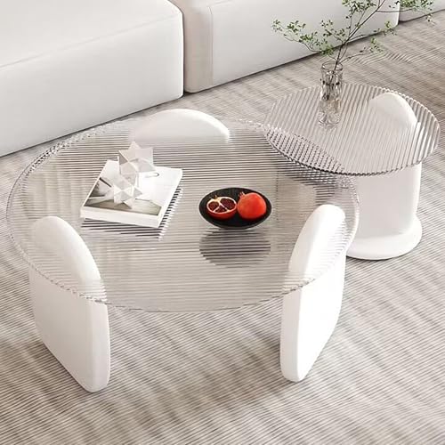 Couchtisch Rund Glas, Zentraler Wohnzimmer-Couchtisch, Tischplatte Aus Gehärtetem Glas, Beine Aus Massivholz für Kleine Räume Wohnzimmer Schlafzimmer Balkone-Einfach zu Montieren(White,70+50cm/28+20") von Rivorne
