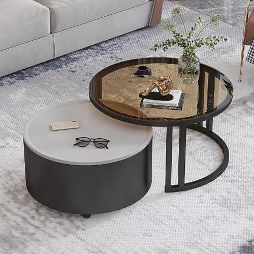 Kreativer Runder Couchtisch Aus Glas mit Metallrahmen, Couchtisch Rund 2er Set, Mit Stauraum, für Kleine Räume Wohnzimmer Schlafzimmer Balkone mit Rädern(B-Gray) von Rivorne