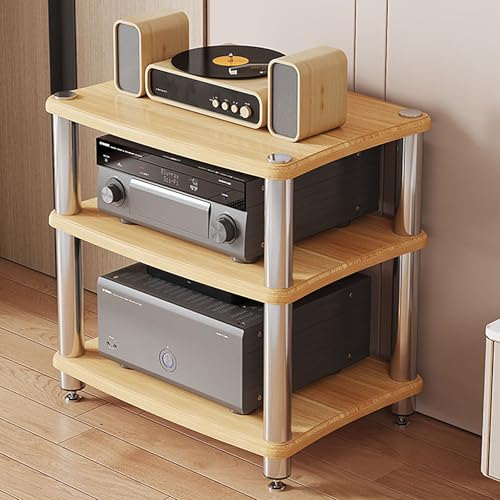 Rivorne AV-Medienständer, Medienkonsolen Aufbewahrungsregal, Plattenspieler Ständer, Beine Aus Edelstahl, Dichteplatte für Zuhause/Wohnzimmer-Einfach zu Montieren(Wood,3-Tier H64CM/25IN) von Rivorne