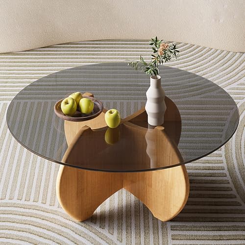 Rivorne Couchtisch Glas Rund, Wohnzimmer Tisch für Couch, Couchtisch 2er Set, Massivholzsockel Kreative Form für Wohnzimmer, Wohnung, Büro-Einfacher Aufbau(Natural,80x35cm/34x14in) von Rivorne