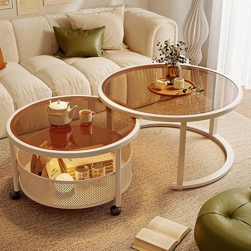 Rivorne Couchtisch Rund 2er Set Moderner Couchtisch aus Glas Tischplatte aus Gehärtetem Glas, mit Rolle für Wohnzimmer Schlafzimmer Mit Schraubendreher-Einfach zu Montieren(Brown,80+60cm/31+24") von Rivorne