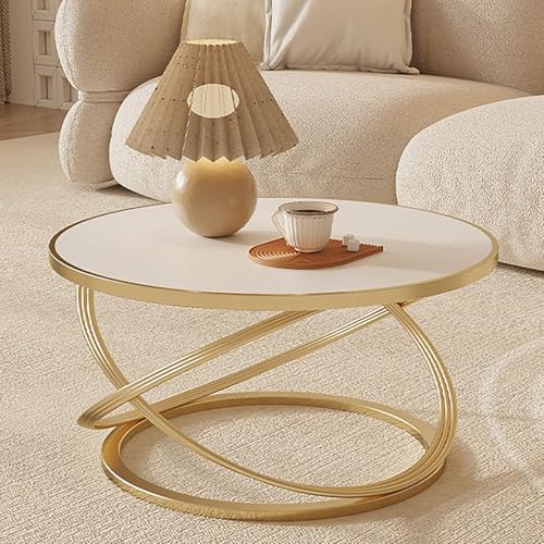 Rivorne Couchtisch Weiß, Moderner Runder Beistelltisch mit Ablage, Felsbrett + Metallrahmen, für Kleine Räume Wohnzimmer Schlafzimmer Balkone-Einfacher Aufbau(Gold,60x45cm/23.6x17.7) von Rivorne