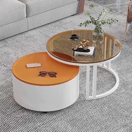 Rivorne Kreativer Runder Couchtisch Aus Glas mit Metallrahmen, Couchtisch Rund 2er Set, Mit Stauraum, für Kleine Räume Wohnzimmer Schlafzimmer Balkone mit Rädern(A-Orange) von Rivorne