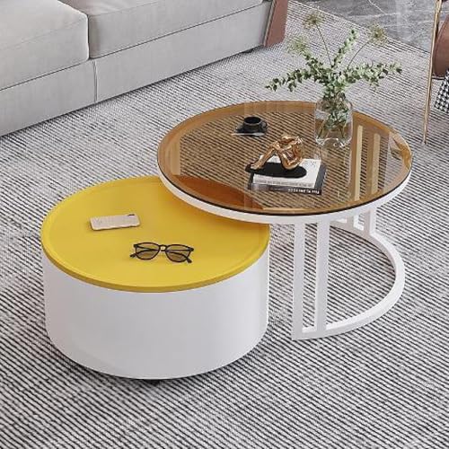 Rivorne Kreativer Runder Couchtisch Aus Glas mit Metallrahmen, Couchtisch Rund 2er Set, Mit Stauraum, für Kleine Räume Wohnzimmer Schlafzimmer Balkone mit Rädern(A-Yellow) von Rivorne