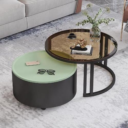 Rivorne Kreativer Runder Couchtisch Aus Glas mit Metallrahmen, Couchtisch Rund 2er Set, Mit Stauraum, für Kleine Räume Wohnzimmer Schlafzimmer Balkone mit Rädern(B-Green) von Rivorne