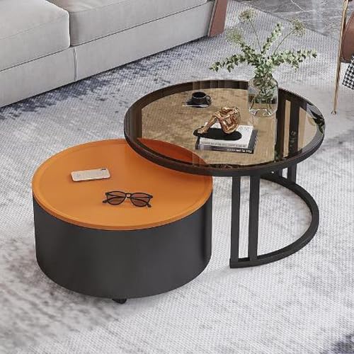 Rivorne Kreativer Runder Couchtisch Aus Glas mit Metallrahmen, Couchtisch Rund 2er Set, Mit Stauraum, für Kleine Räume Wohnzimmer Schlafzimmer Balkone mit Rädern(B-Orange) von Rivorne