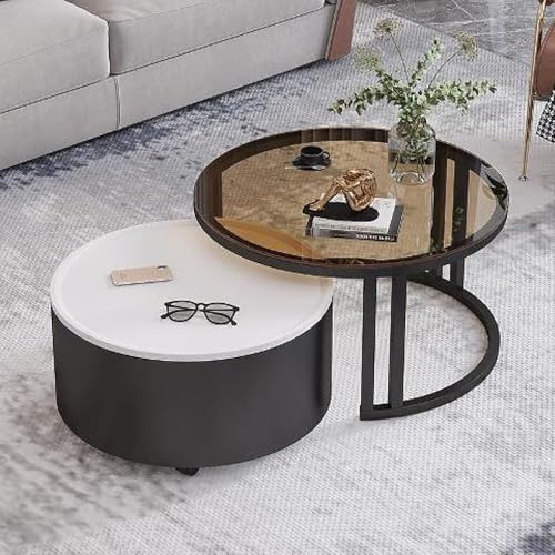 Rivorne Kreativer Runder Couchtisch Aus Glas mit Metallrahmen, Couchtisch Rund 2er Set, Mit Stauraum, für Kleine Räume Wohnzimmer Schlafzimmer Balkone mit Rädern(B-White) von Rivorne